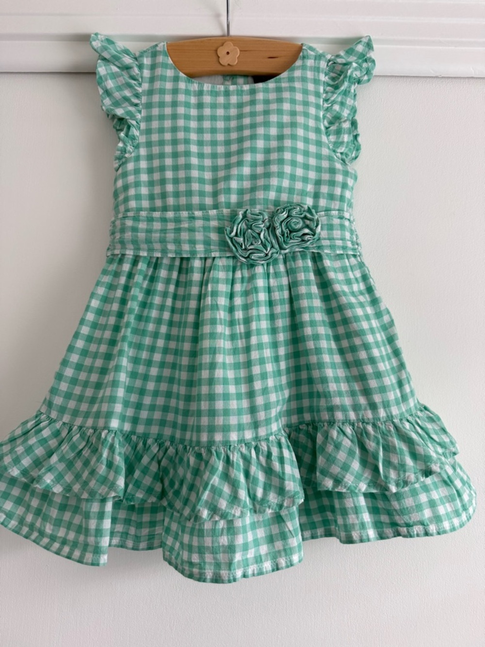 Chaps Toddler Girls 18M Green Gingham Dress Ruffle Hem Floral Detail